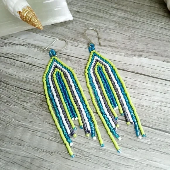 BOGO EARRINGS Boho Chic Beaded Cascade Fringe Dangle Earrings, Seed Bead 3.75" - Picture 2 of 6